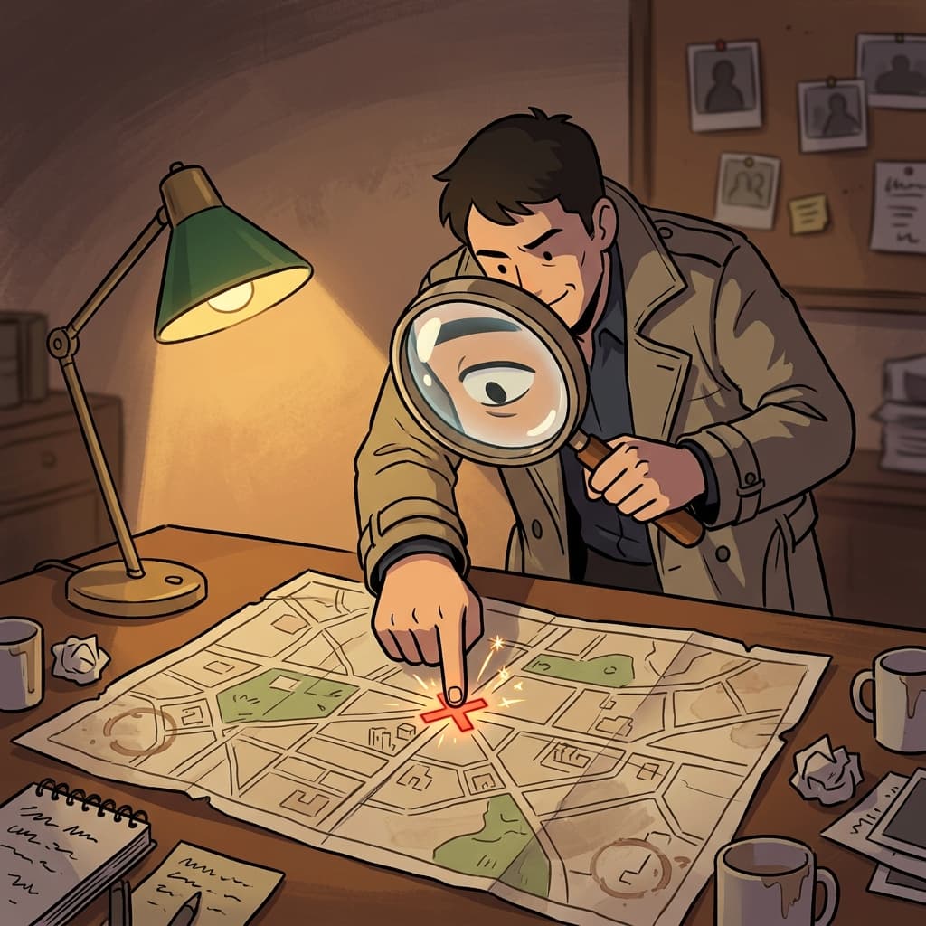 The detective used a magnifying glass to pinpoint the tiny clue on the map.