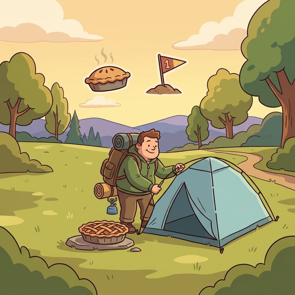 The pioneer arrived first and brought a pie to the empty campsite. (PIE + NEAR → the first person brings a pie near an empty land and starts something new there)