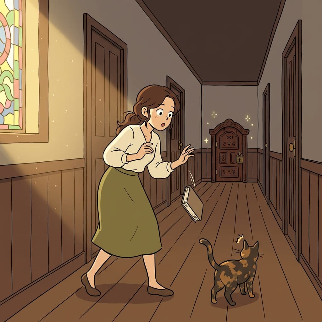 The mysterious locked door at the end of the hallway piqued her curiosity instantly.