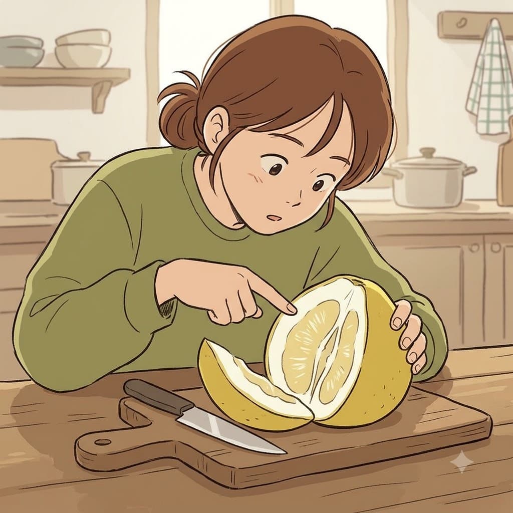 She removed the orange peel and cut into the fruit to reach its juicy pith.