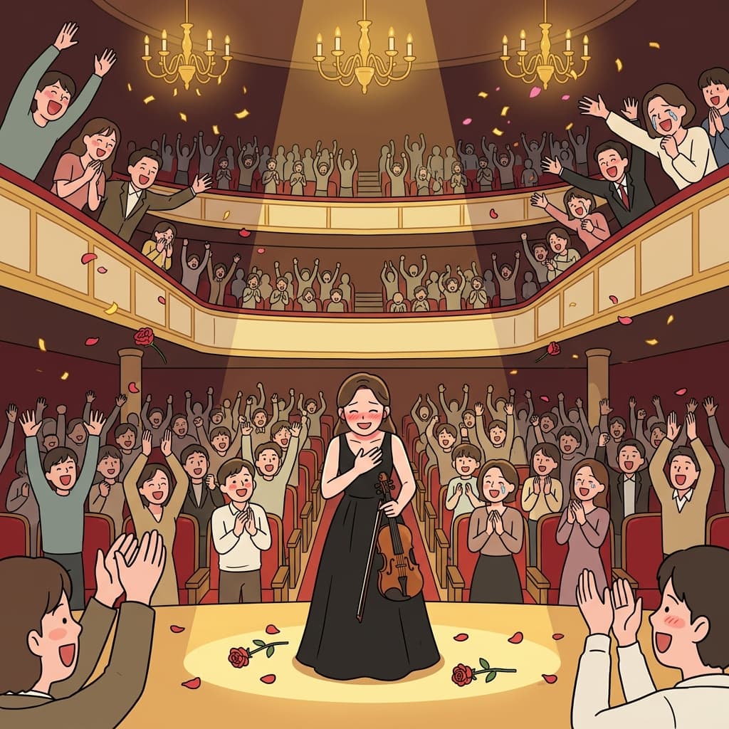 The violinist bows as thunderous plaudits fill the concert hall.