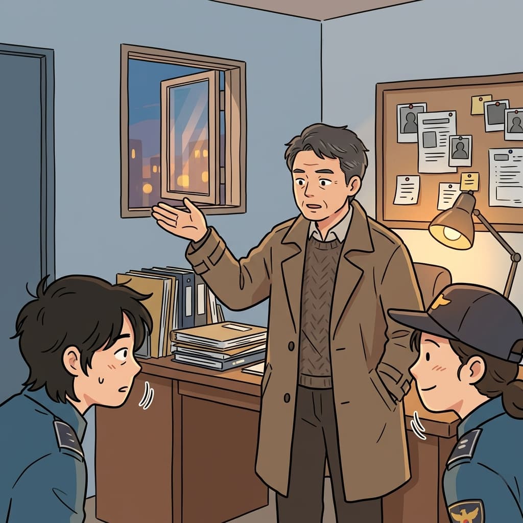 The detective explains plausibly how the thief escaped through the small window.