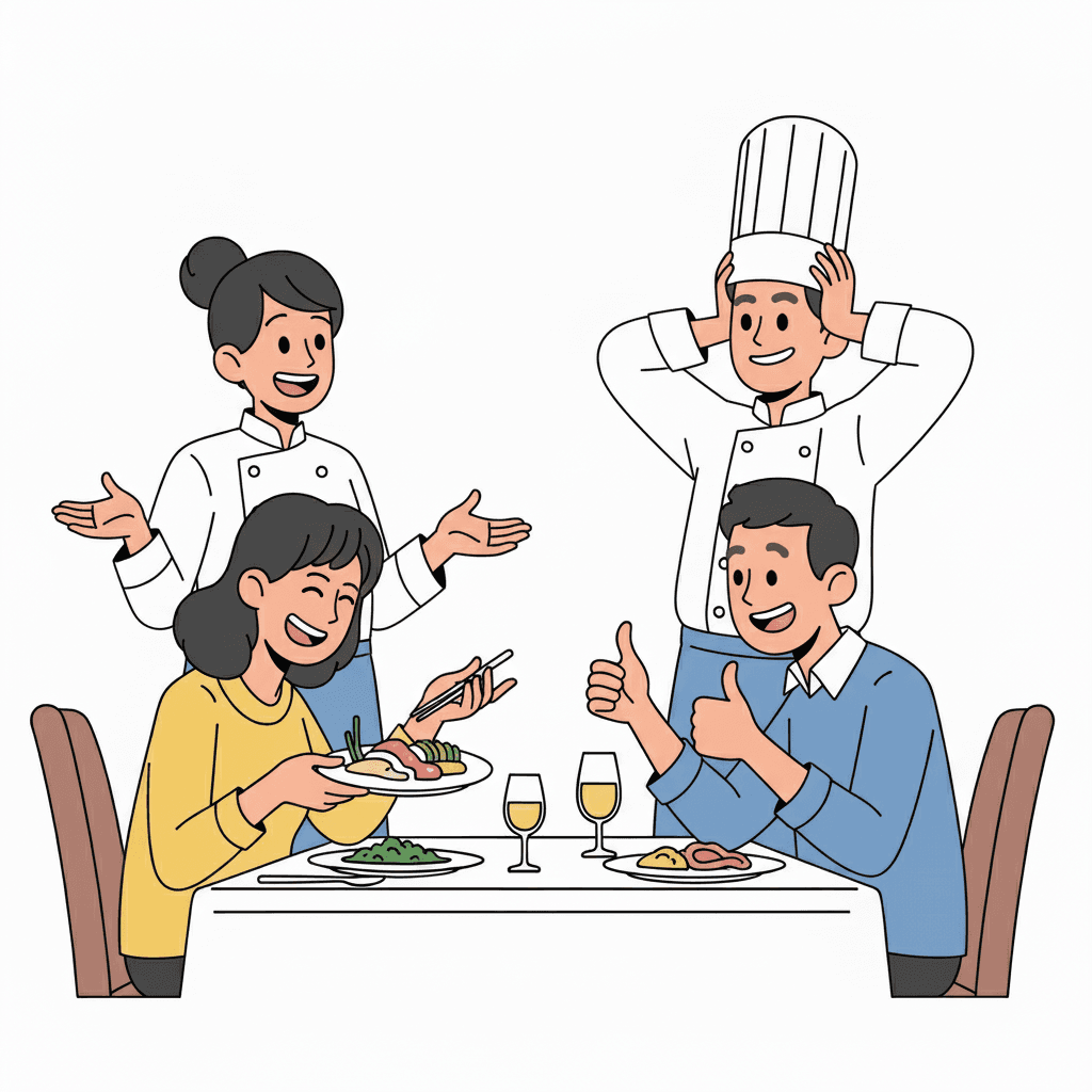 The chef smiles when the delicious meal pleases the customer.