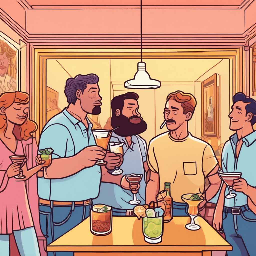 a casually dressed man in a wrinkled t-shirt and jeans loudly slurps soup directly from a bowl while standing near elegant artwork. He wipes his mouth with his sleeve and drops crumbs on the polished marble floor. Around him, well-dressed guests in formal evening wear hold delicate wine glasses and look disapprovingly at his behavior. Some wealthy patrons whisper to each other while pointing discretely at the man's crude table manners. A sophisticated woman in pearls covers her nose as he burps loudly after finishing his meal. behavior lacking in refinement and sophistication among refined company