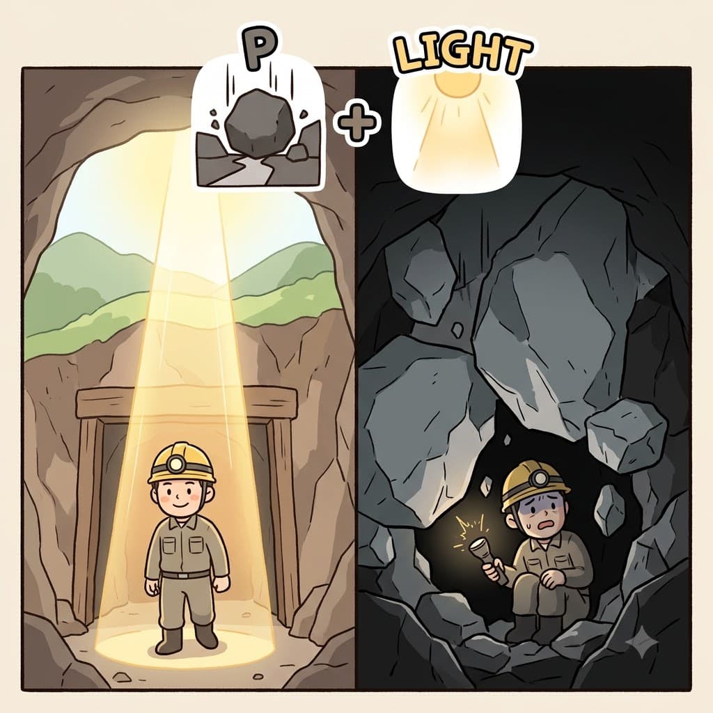 P(pull) + LIGHT(light) — as the rocks fell to P(pull) him away from the safe LIGHT, the trapped miner faced a dark plight.
