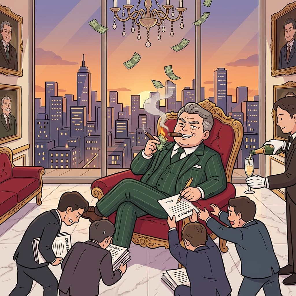 The plutocrat lights his cigar with a hundred-dollar bill while the city bows below.