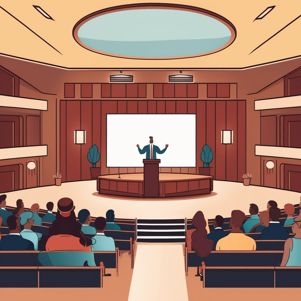 a confident speaker stands on a small raised wooden platform addressing a large seated audience below. The speaker gestures confidently while delivering their speech from the elevated position. The raised platform makes the speaker clearly visible to everyone in the packed auditorium. This elevation allows the speaker's voice and presence to reach the entire crowd effectively. Audience members sit in organized rows looking up at the speaker with focused attention. Security staff and event organizers stand along the sides monitoring the successful presentation. a small platform on which a person stands to be seen by an audience while making a speech