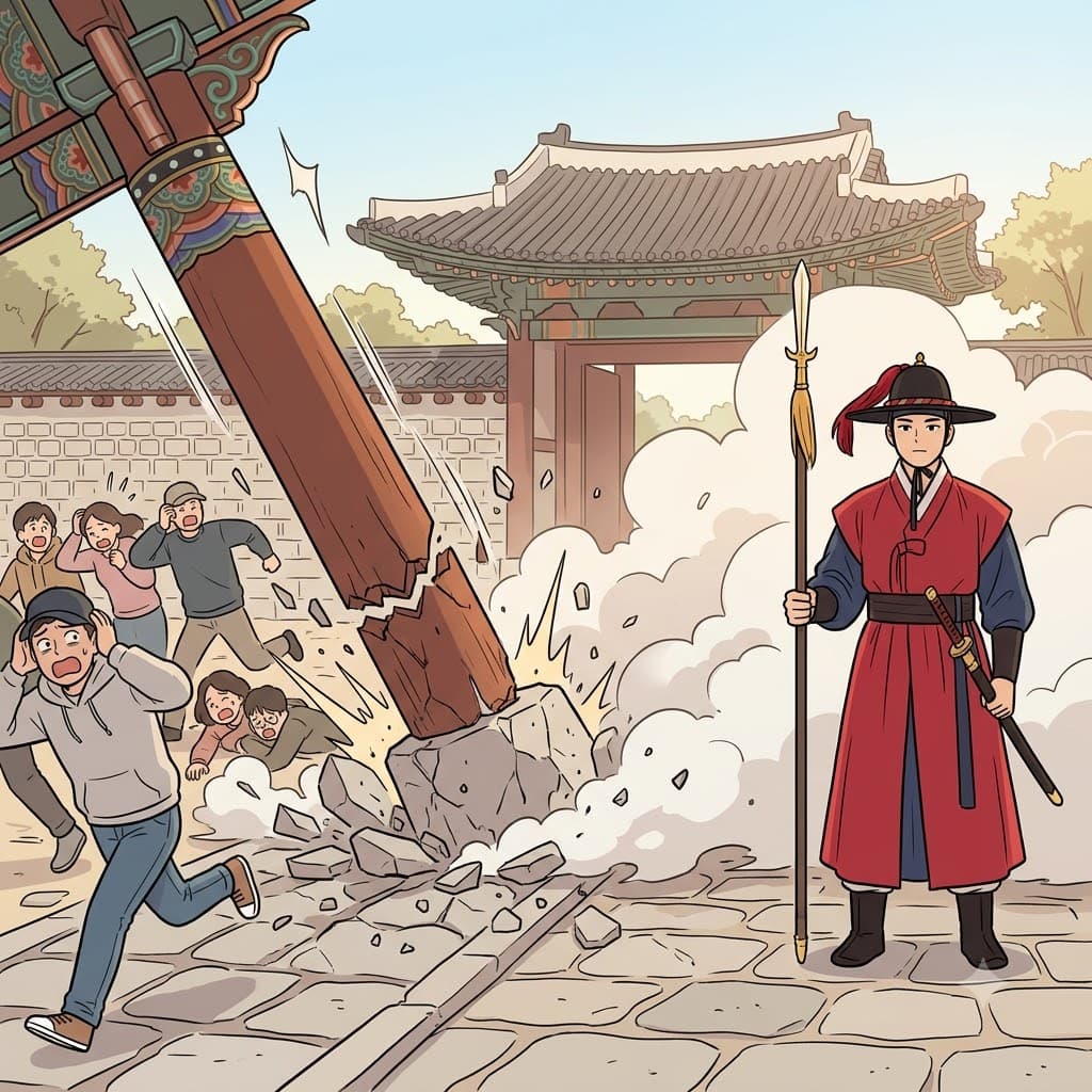 Despite the crashing noise behind him, the royal guard kept his poise.