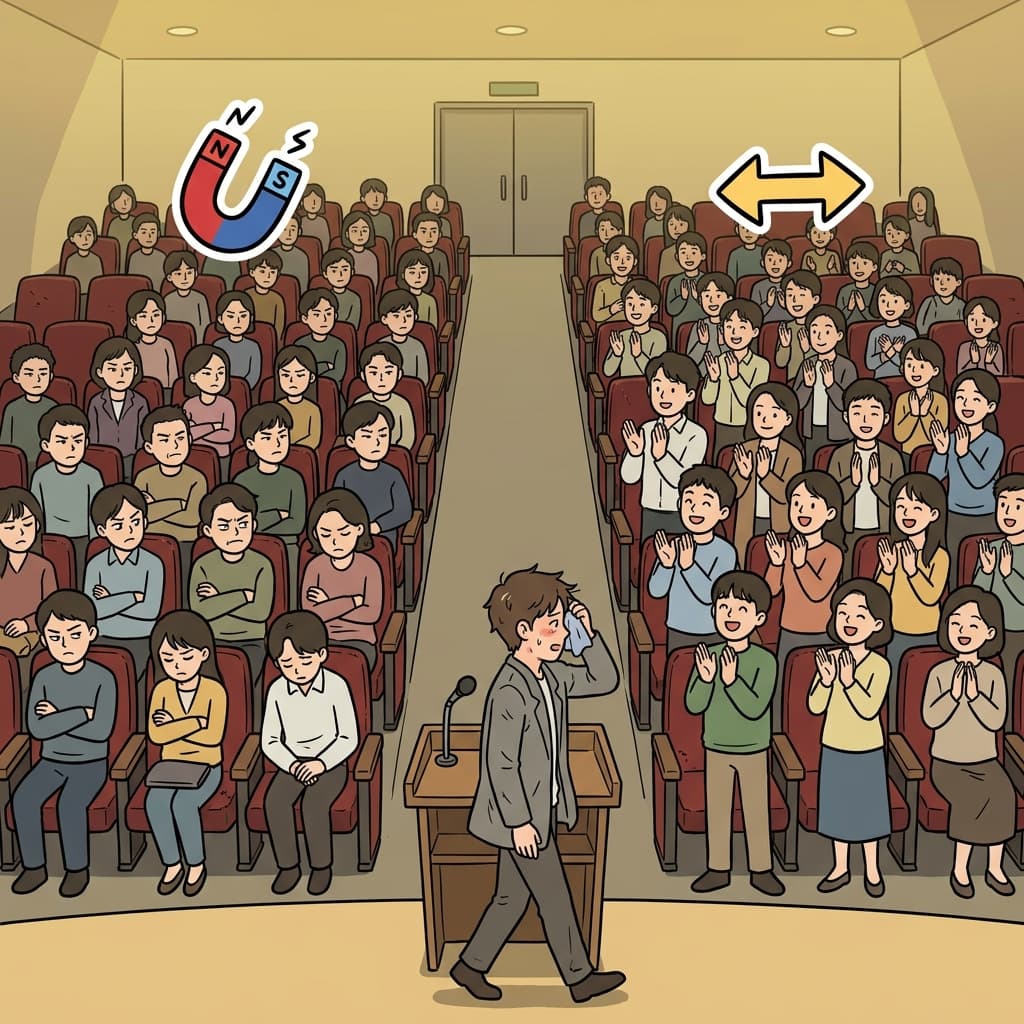 The audience became polarized after the speech. (🧲 Two Poles + ↔️ Split Apart → Polarized)