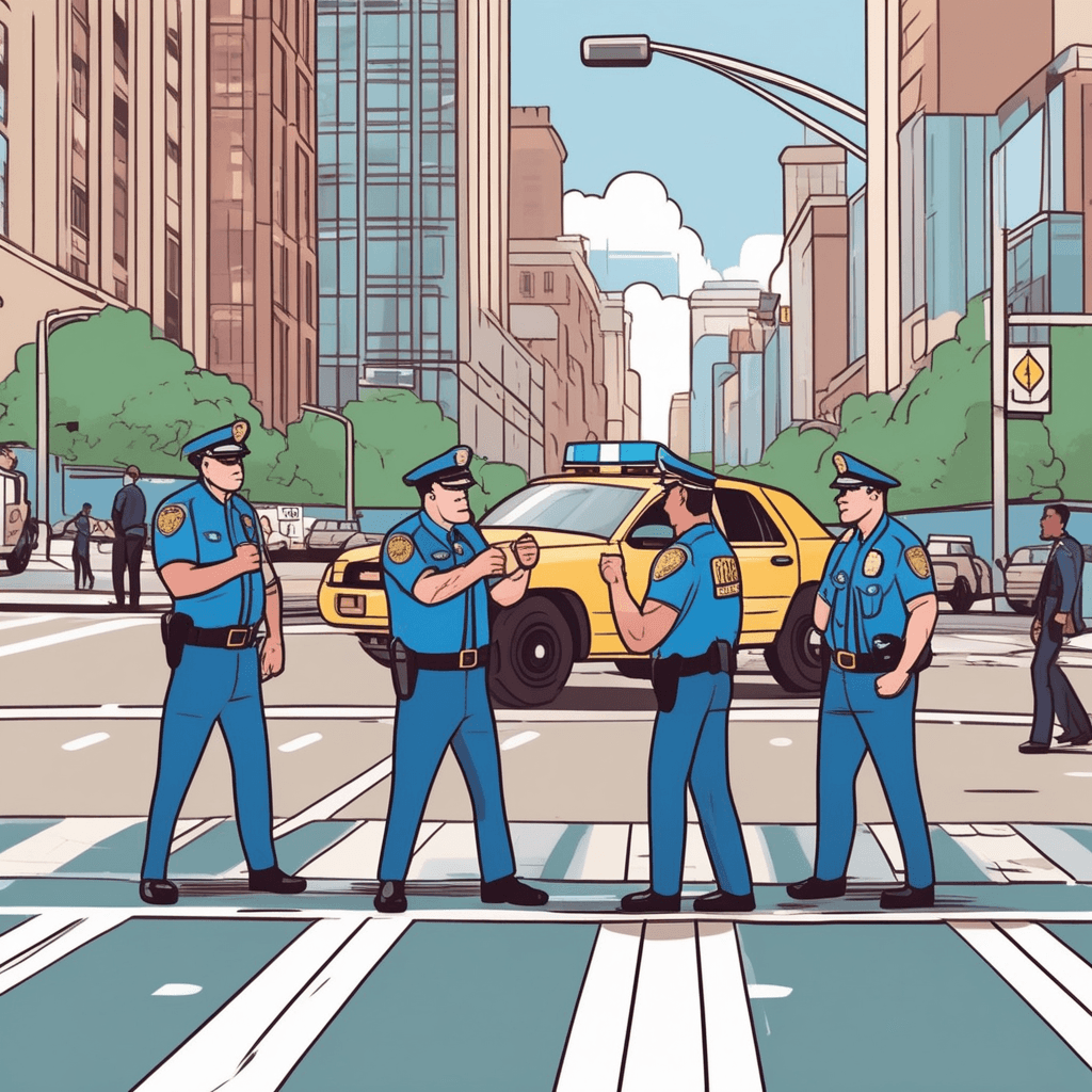 a uniformed officer in blue directs traffic with confident hand gestures while standing in the crosswalk. The officer points clearly to guide cars and pedestrians through the intersection safely. A minor fender-bender has occurred nearby, causing traffic to back up and creating confusion. The officer's presence immediately brings order as drivers follow the hand signals and pedestrians wait at the crosswalk. Other officers arrive in marked patrol cars with flashing lights to assist with the situation. Citizens feel reassured seeing the officers taking control of the chaotic scene. the civil force responsible for crime prevention and maintaining public order
