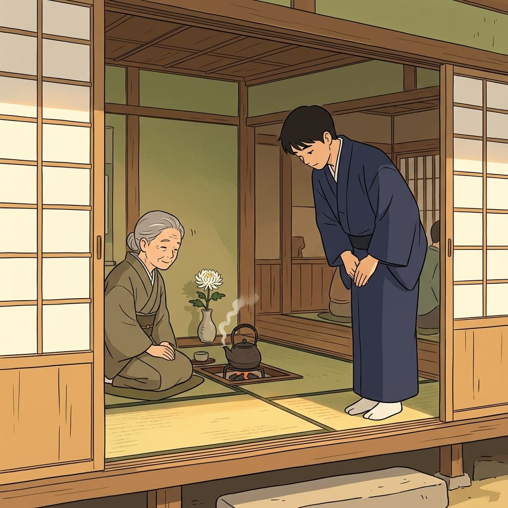 He gave a polite bow before entering the tea master's room.