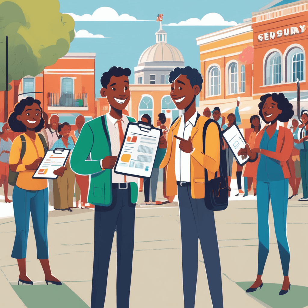 A poll surveyor gathers community opinions in a bustling town square