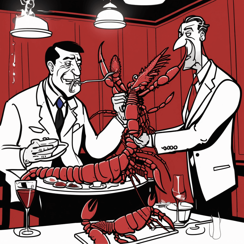 The pollster surveys the mobster eating lobster!