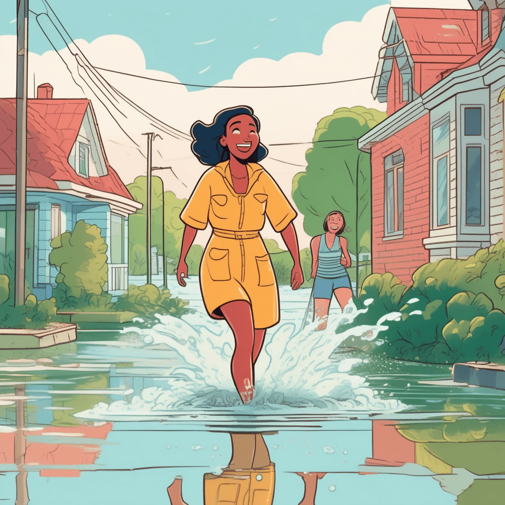 a smiling woman in bright clothes skips happily through the flood water, arms swinging carelessly. She beams with joy as if nothing is wrong while muddy water splashes around her feet. The flood has damaged nearby houses with debris floating past and puddles everywhere. Her neighbors watch from their porches with worried expressions, pointing at the rising water levels. Some shake their heads in disbelief at her carefree attitude during such a serious situation. someone being excessively optimistic and naively cheerful despite obvious danger