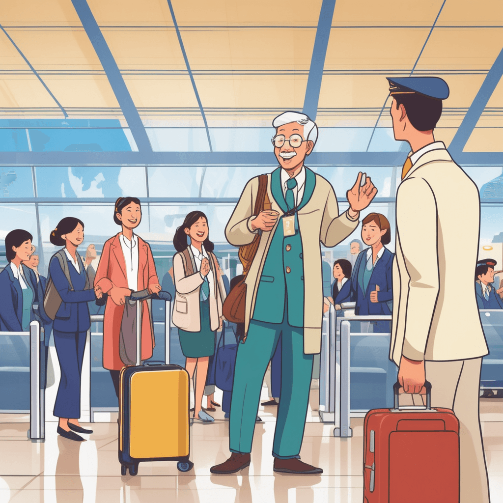 a confident airport employee speaks cheerfully to a confused elderly Japanese tourist, gesturing helpfully with warm body language. The employee then turns to address a worried French family nearby, switching her speaking posture and facial expression naturally. After helping them, she immediately pivots to assist a lost Spanish businessman, again changing her communication style fluidly. The diverse group of travelers all nod with understanding and relief as each conversation flows smoothly. Other passengers in the background watch with impressed expressions as they witness the seamless language switching. a person who knows and is able to use several languages to help people from different countries