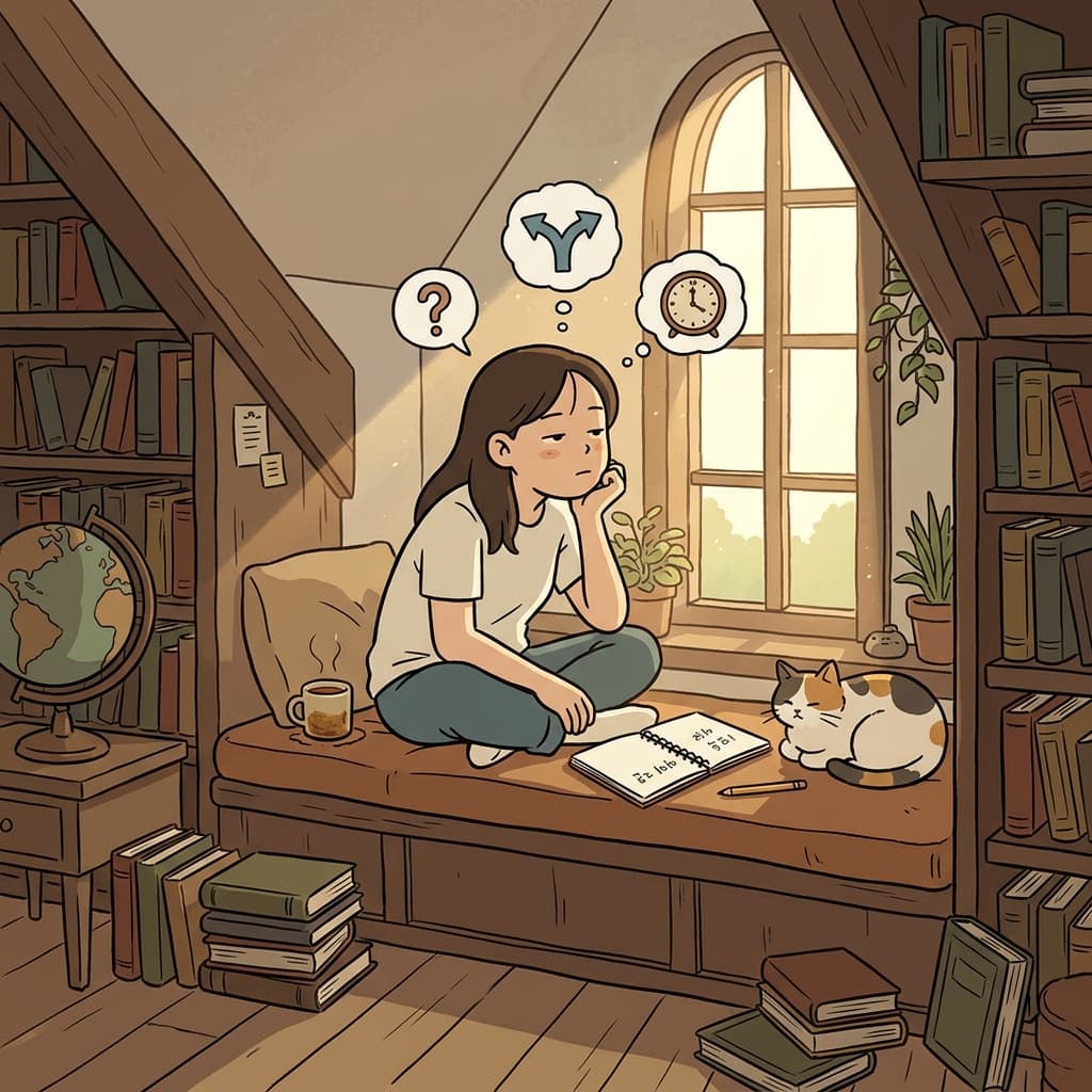 She sits by the window to ponder her next big decision.