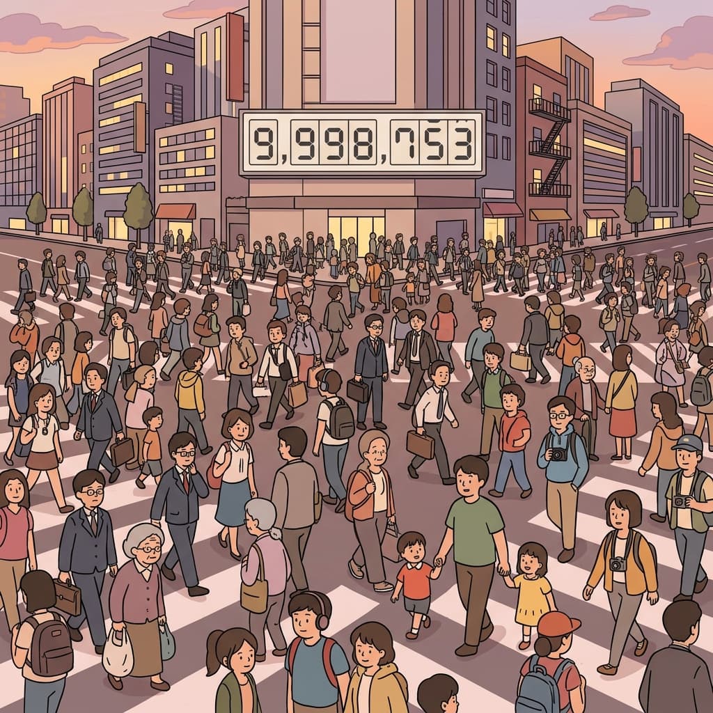 Tokyo's population fills every crosswalk with a sea of moving people.