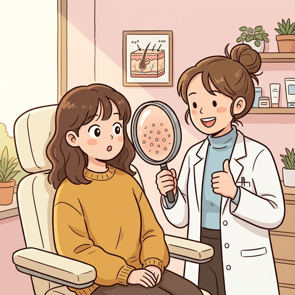 Under the magnifying glass, every pore on her skin looks huge.