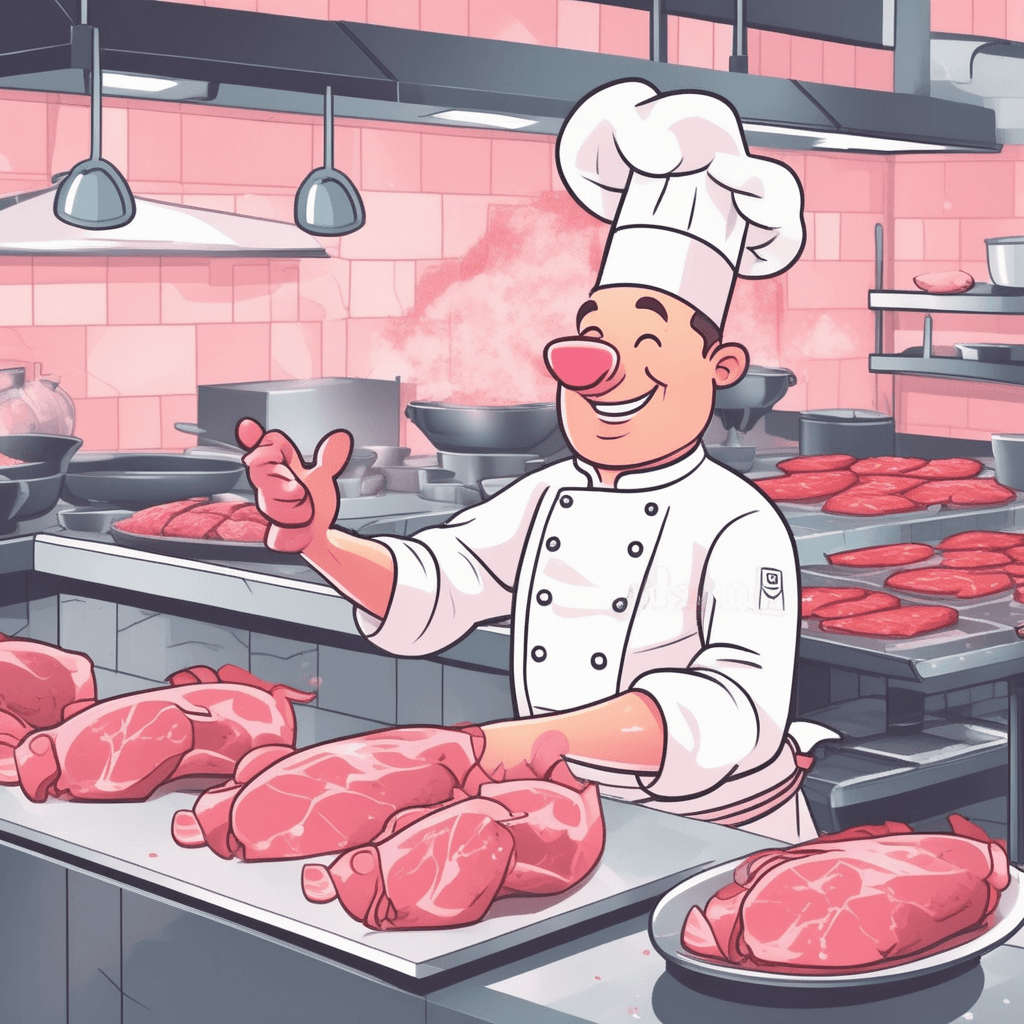 a professional chef holds up a large cut of pink raw meat with white marbling while pointing to different sections. The chef explains the cut to a younger apprentice who watches attentively and takes notes. The raw meat clearly shows the distinctive texture and color of pig meat before cooking. On the nearby stove, another piece of the same meat sizzles in a hot pan, releasing aromatic steam. Kitchen staff in the background prepare other dishes while observing the lesson. meat from a pig being prepared for cooking