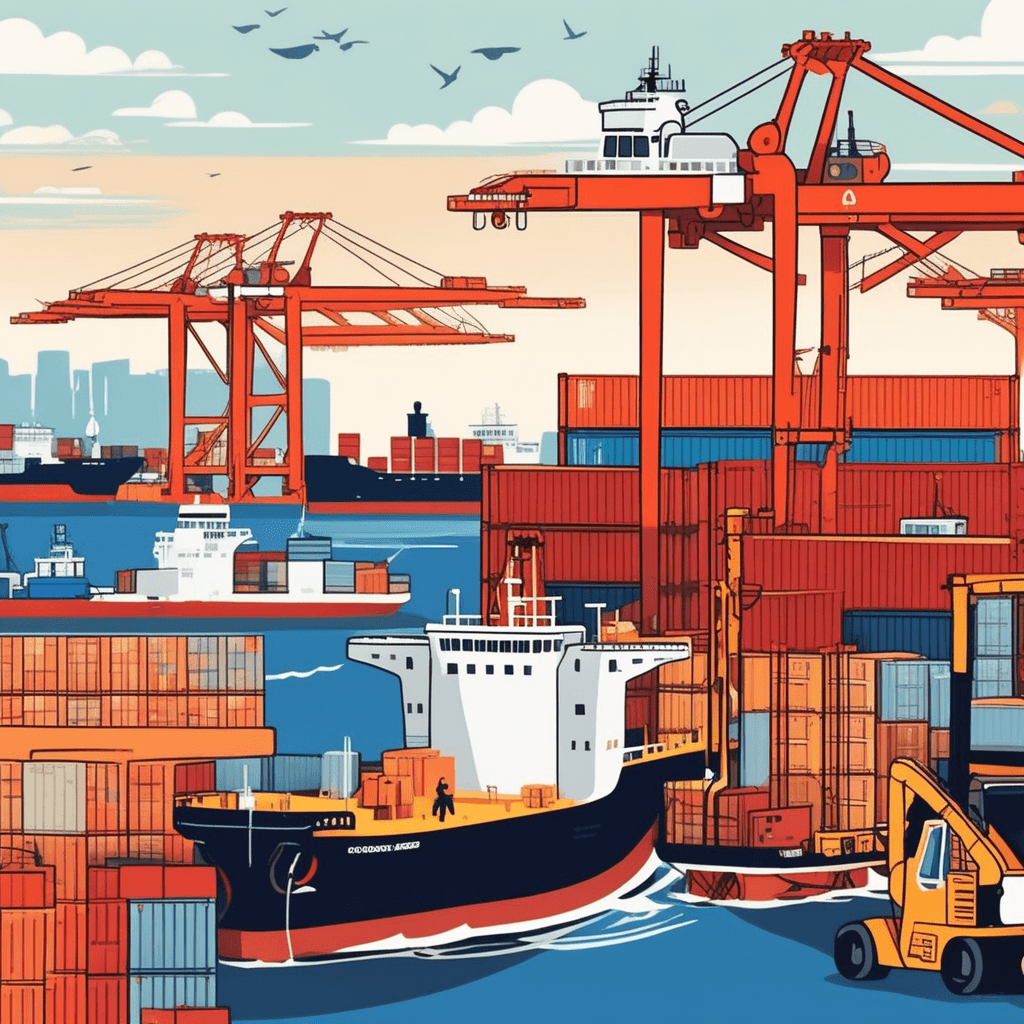 a cargo ship captain directs workers as they unload large shipping containers from his vessel. Dock workers operate cranes to lift the heavy containers onto the pier. The unloading process creates organized rows of cargo ready for transport to the nearby town. Other ships wait in the background while seagulls circle overhead and townspeople gather to watch the activity. Smaller fishing boats return with their daily catch as the sun sets behind the coastal buildings. a town with a harbor where ships load and unload cargo and goods