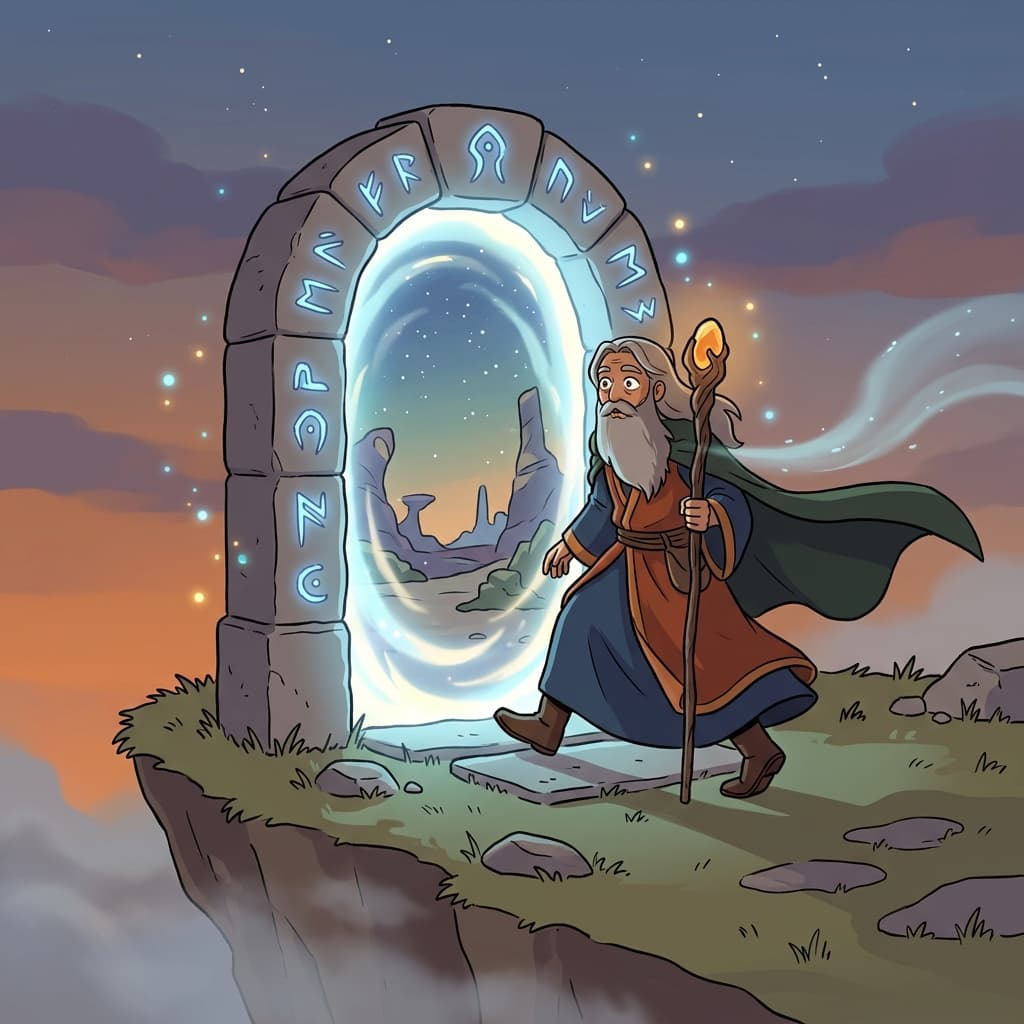 The wizard steps through a glowing portal into a new realm.