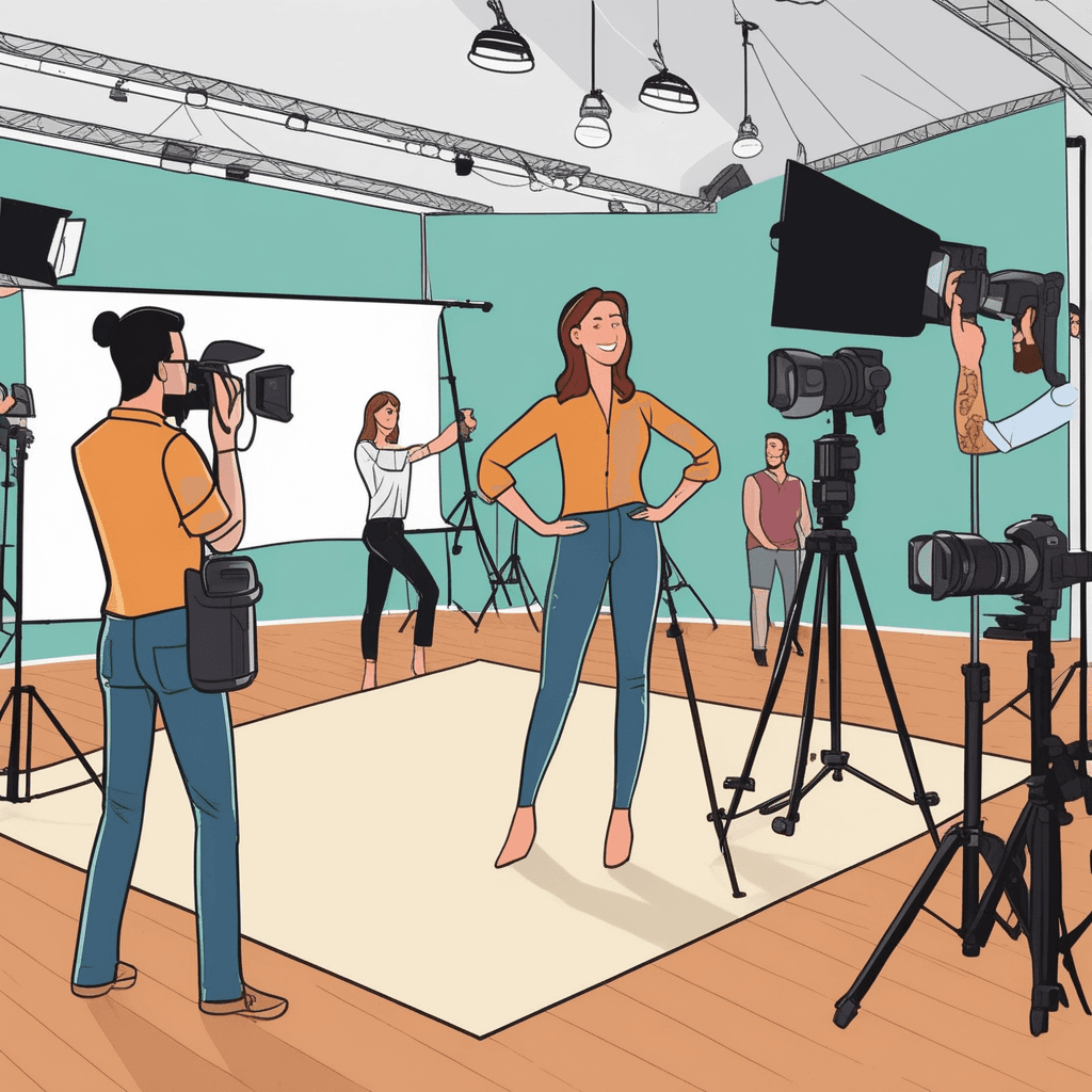 a professional photographer carefully guides two models to their exact spots on the studio floor. The photographer points and gestures to show each person precisely where to stand. The models move from their original random locations to the specific marked positions. Now they are perfectly positioned with proper lighting and spacing for the photo shoot. Other studio assistants adjust equipment and lighting to match the new arrangement. people being positioned and placed in particular locations for a specific purpose