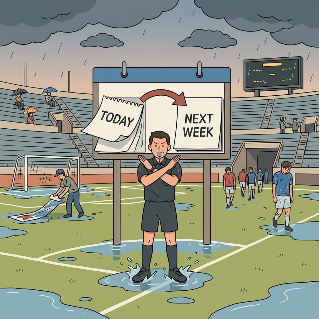 The referee had to postpone the match when heavy rain flooded the field.