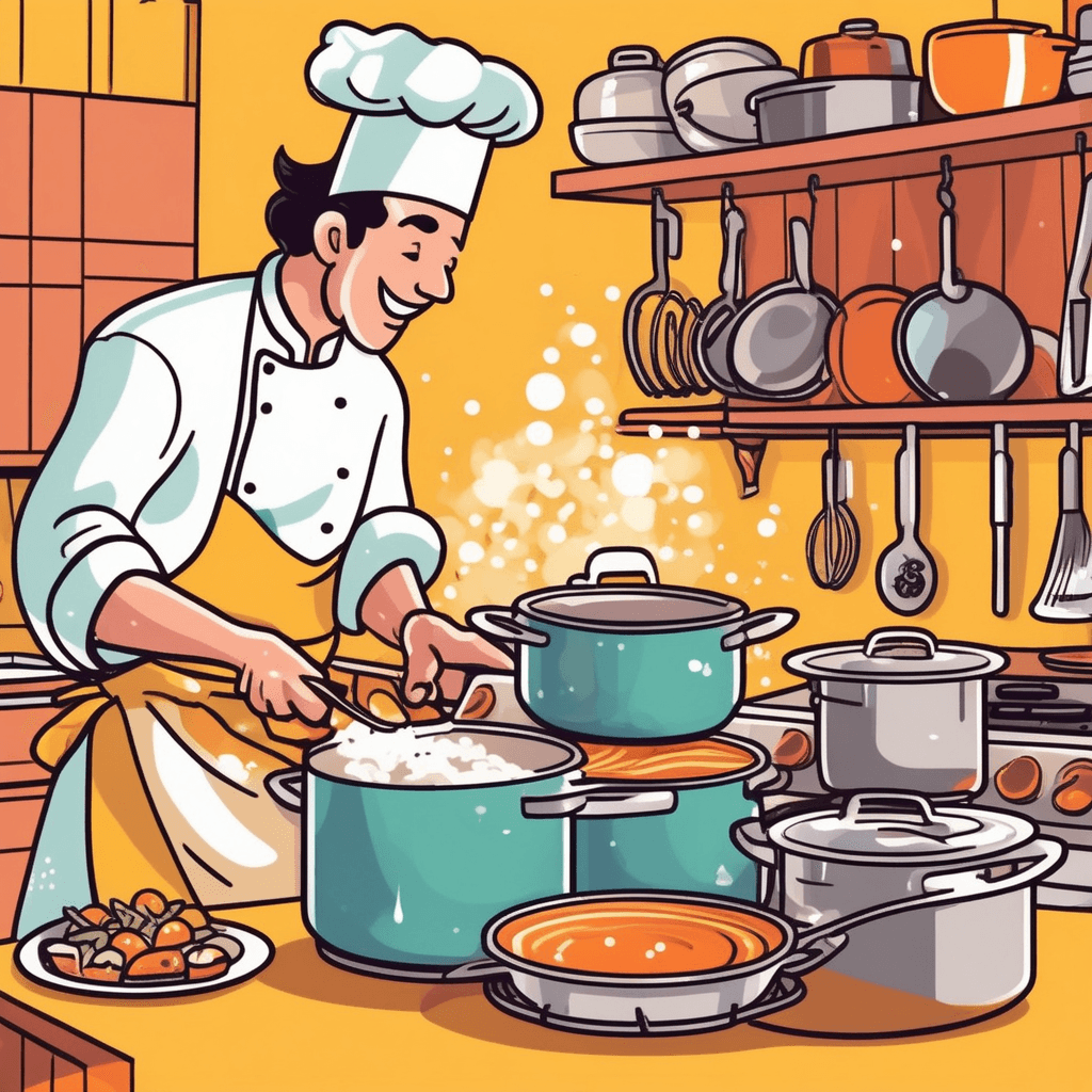 a cheerful chef stirs ingredients inside a large round metal cooking container on the stove. Steam rises from the container as the food bubbles and cooks inside. The chef uses a wooden spoon to mix vegetables and broth in the round vessel. Heat from the burner below makes the contents simmer and create aromatic vapors. A family member watches eagerly from nearby, drawn by the delicious smell coming from the cooking container. Another person sets the dining table in anticipation of the meal. a round container being used for cooking food