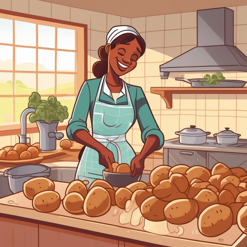 a cheerful farmer washes dirt off freshly harvested potatoes at the kitchen sink. She then places the clean brown potatoes into a large pot of boiling water on the stove. Steam rises from the pot as the potatoes cook and soften inside. The cooked potatoes will soon become part of a hearty meal for the family. Other family members gather around the kitchen table setting plates and utensils. A basket of more raw potatoes sits nearby showing the abundant harvest. potatoes being prepared as an important food crop and vegetable for eating