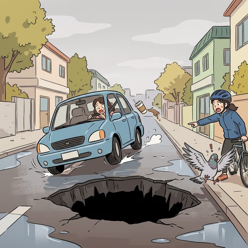 The driver swerves to dodge a huge pothole swallowing half the road.
