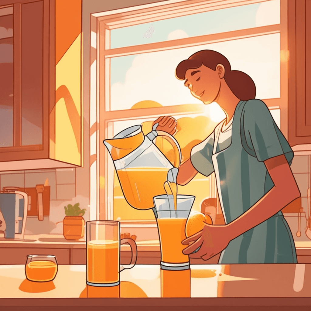 a cheerful person tilts a large glass pitcher filled with orange juice toward an empty glass on the table. The bright orange liquid flows out in a smooth, steady stream from the pitcher's spout. The juice fills the glass as the stream continues flowing downward in a perfect arc. A child sits at the table watching eagerly with hands positioned near the glass. Small droplets sparkle in the sunlight as they fall. liquid flowing from a container in a steady stream. Style: High-quality 2D vector cartoon illustration with bold outlines and warm emotional detail