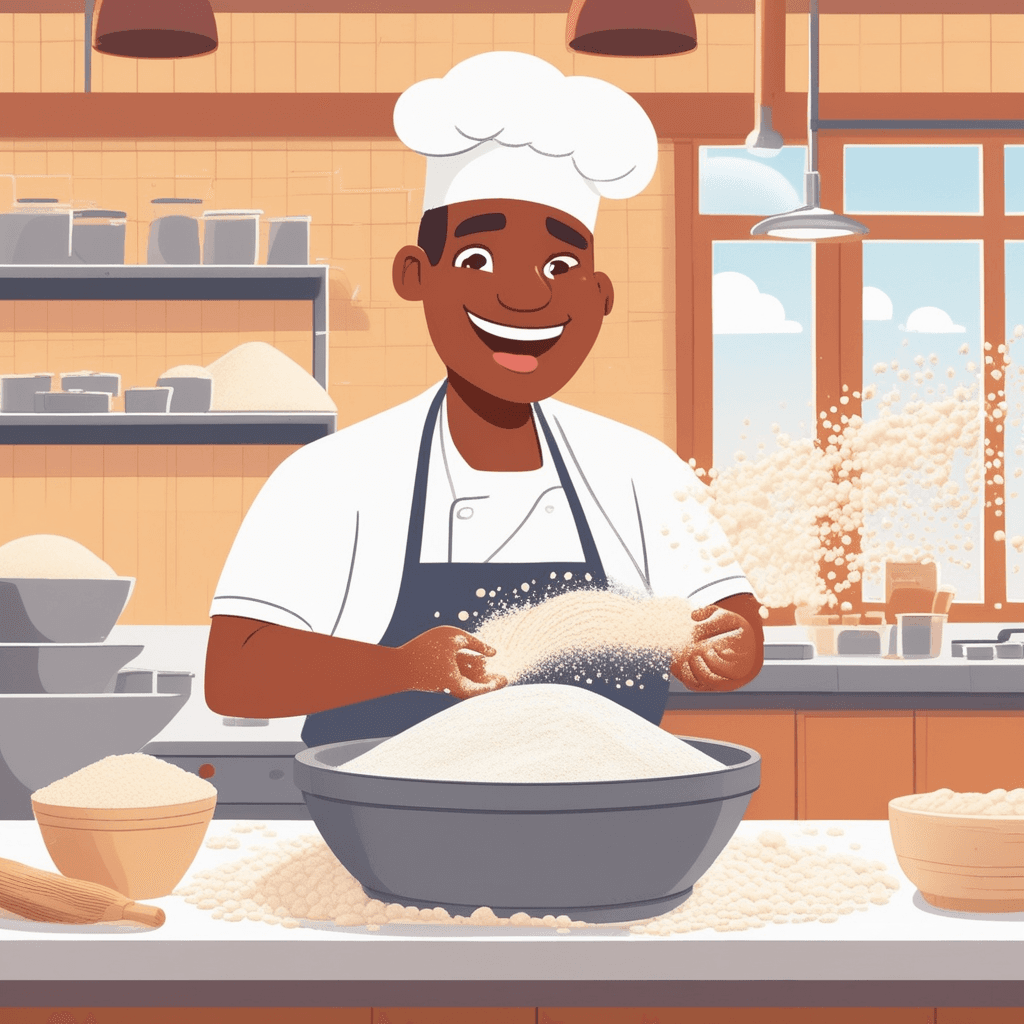 a cheerful baker sifts flour through a large mesh strainer into a mixing bowl below. The flour falls as countless tiny white particles creating a small cloud of dust in the air. As the baker shakes the sifter, more fine particles scatter and float around the workspace. The flour settles into the bowl as an accumulation of small granules while some particles drift onto the counter surface. A kitchen assistant nearby waves their hand to clear the floating particles from the air. a dry mass of very small particles being separated and collected