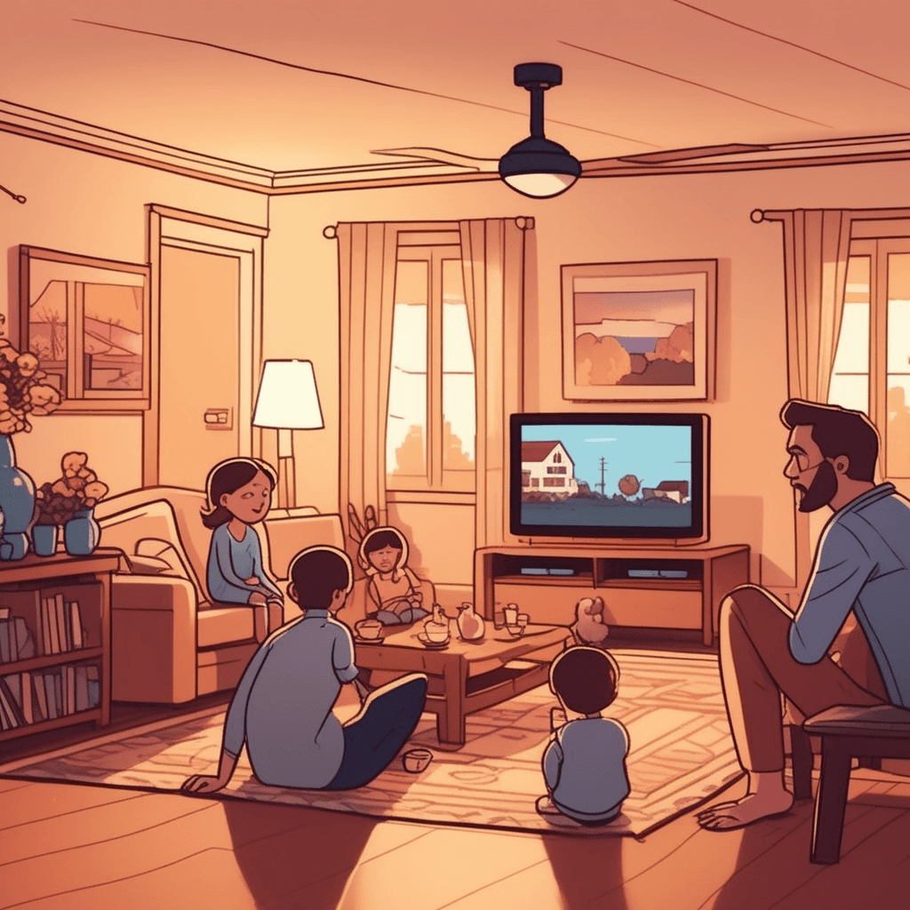 a father reaches toward a wall light switch while his wife and children sit on the couch. He flicks the switch but nothing happens as all the lights remain completely dark. The television screen is black and silent while a digital clock shows no display. The family looks around confused as candles and flashlights become their only source of light. Outside the window, the entire neighborhood appears dark without any house lights or street lamps working. a period when the electricity supply to the building is completely interrupted