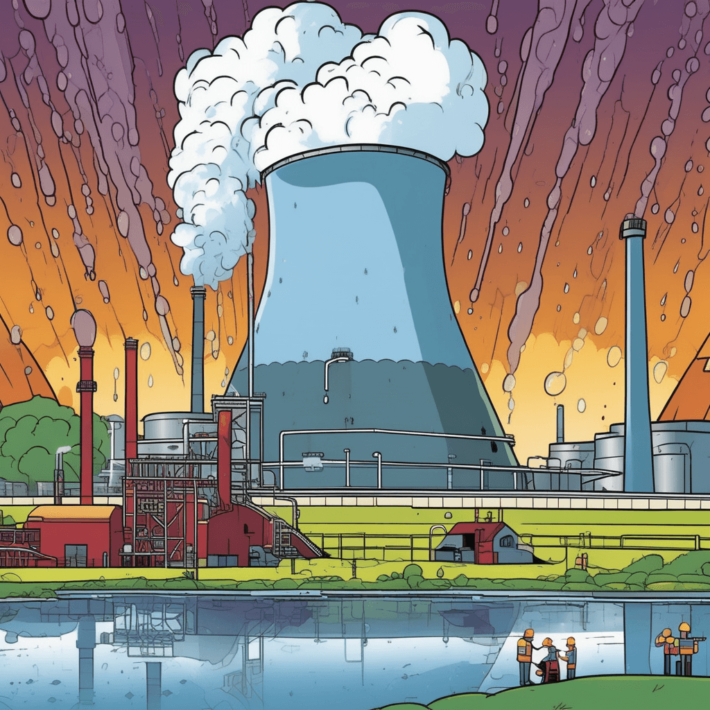 The power station's tower creates a sparkling shower