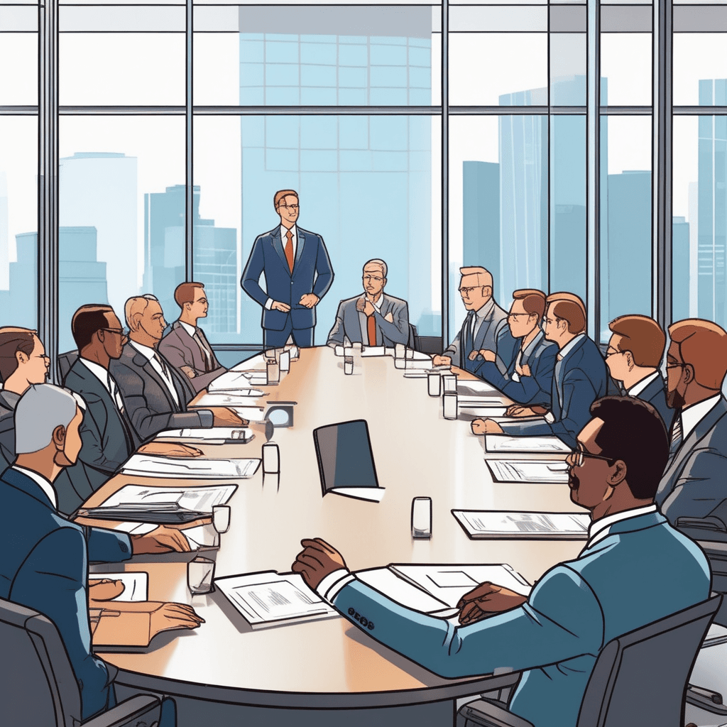 a business leader in a suit leans forward while gesturing toward documents spread across the conference table. Other executives from different companies sit around the table listening intently to the proposal. The discussion becomes more animated as participants point to charts and exchange ideas. Some nod in agreement while others take notes or whisper to colleagues beside them. The atmosphere shows intense focus as everyone engages in the crucial negotiations. a meeting involving important discussion and negotiation between multiple parties
