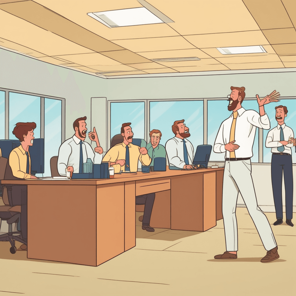 an overly animated office worker gestures wildly while talking non-stop to trapped coworkers. His mouth is wide open mid-sentence with exaggerated facial expressions showing he's completely absorbed in his own rambling. The listeners around him look increasingly bored and frustrated as time drags on. One person checks their watch while another rubs their temples in annoyance. someone talking foolishly at tedious length while others suffer through it