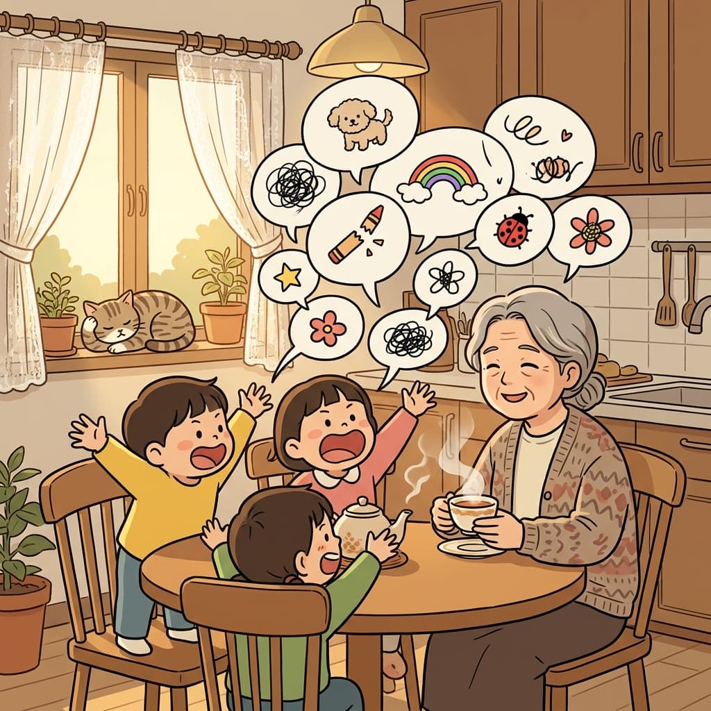 The children prattle endlessly about their day while grandma smiles patiently.