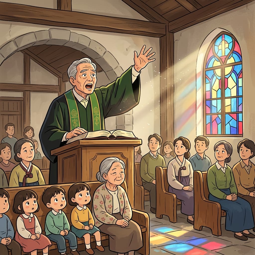 The old pastor stands in the wooden pulpit to preach about kindness on Sunday morning.