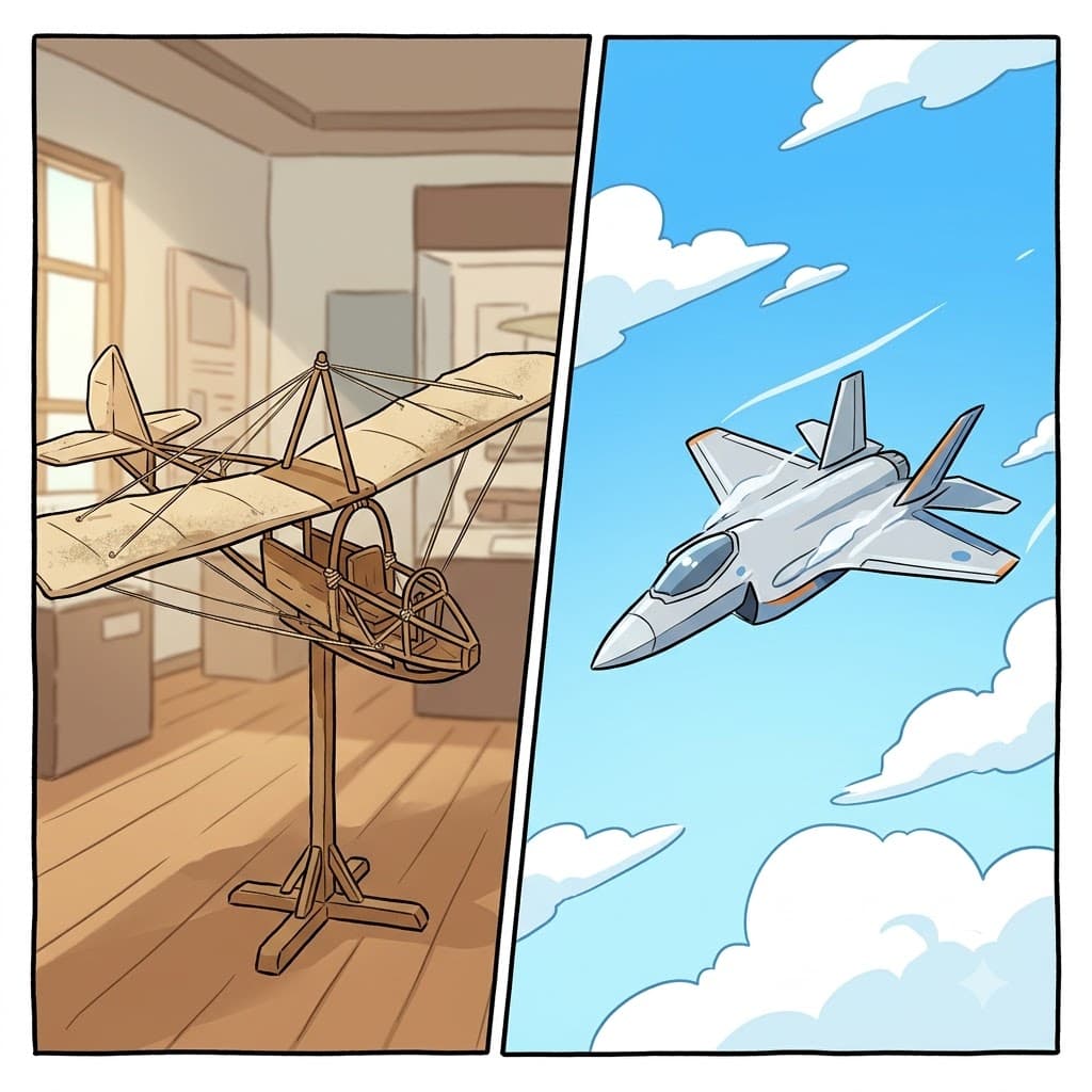 While the modern jet flew at lightning speed, the wooden glider sat in the museum as its brave precursor.