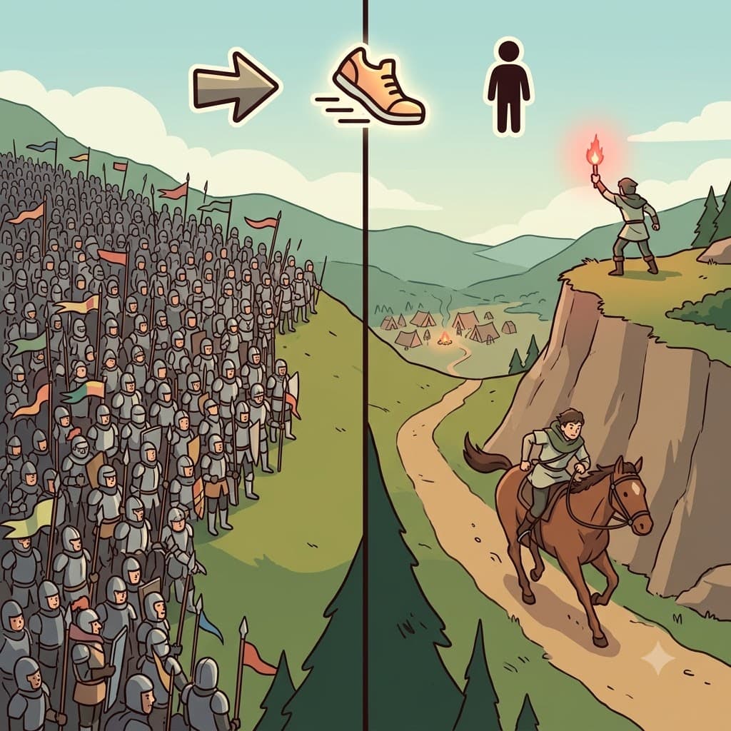 PRE(before) + CURS(run) — deciding to CURS(run) PRE(before) the main army, the scout acted as a vital precursor.