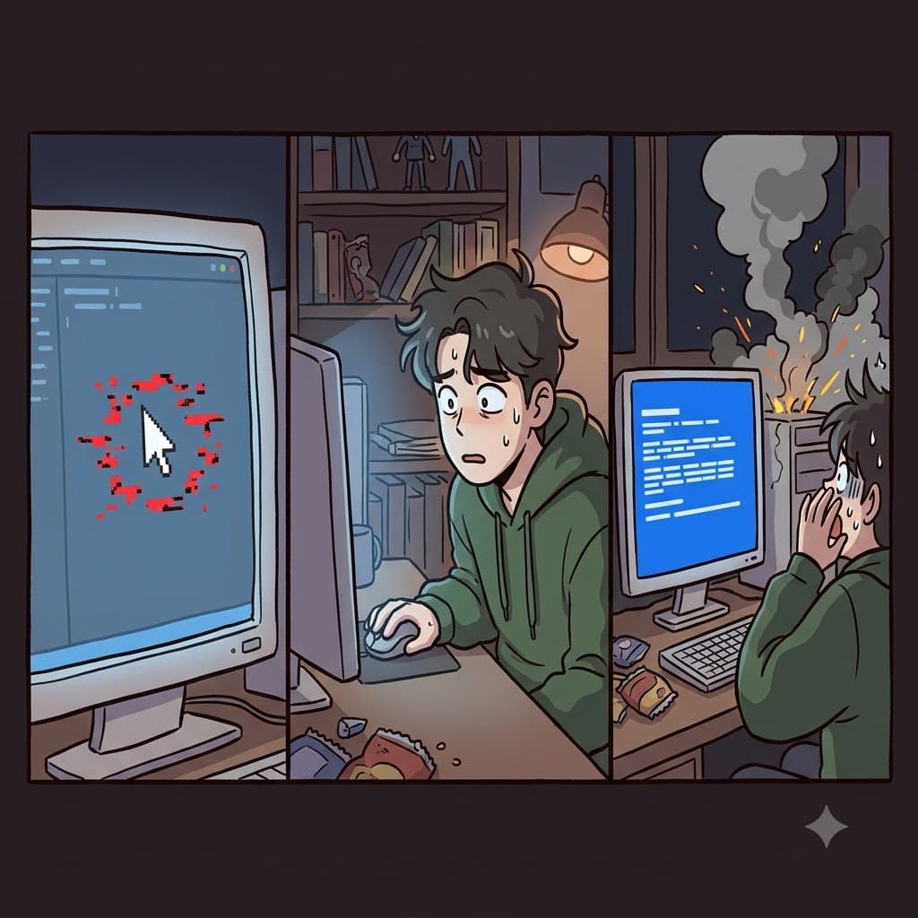 Staring at the frozen mouse cursor, he realized it was a terrifying precursor to a total system crash.
