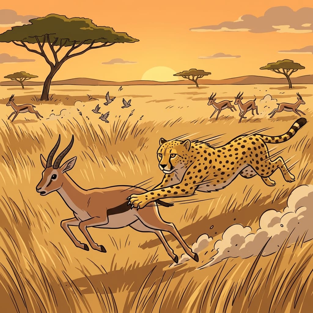 A cheetah's burst of predation across the savanna ends with a gazelle caught mid-stride.
