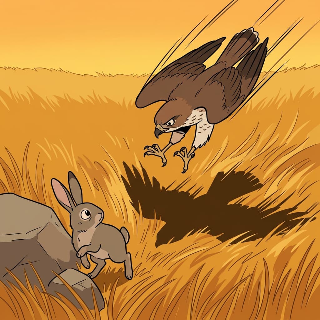 The predatory hawk dives at the rabbit hiding in the tall grass.