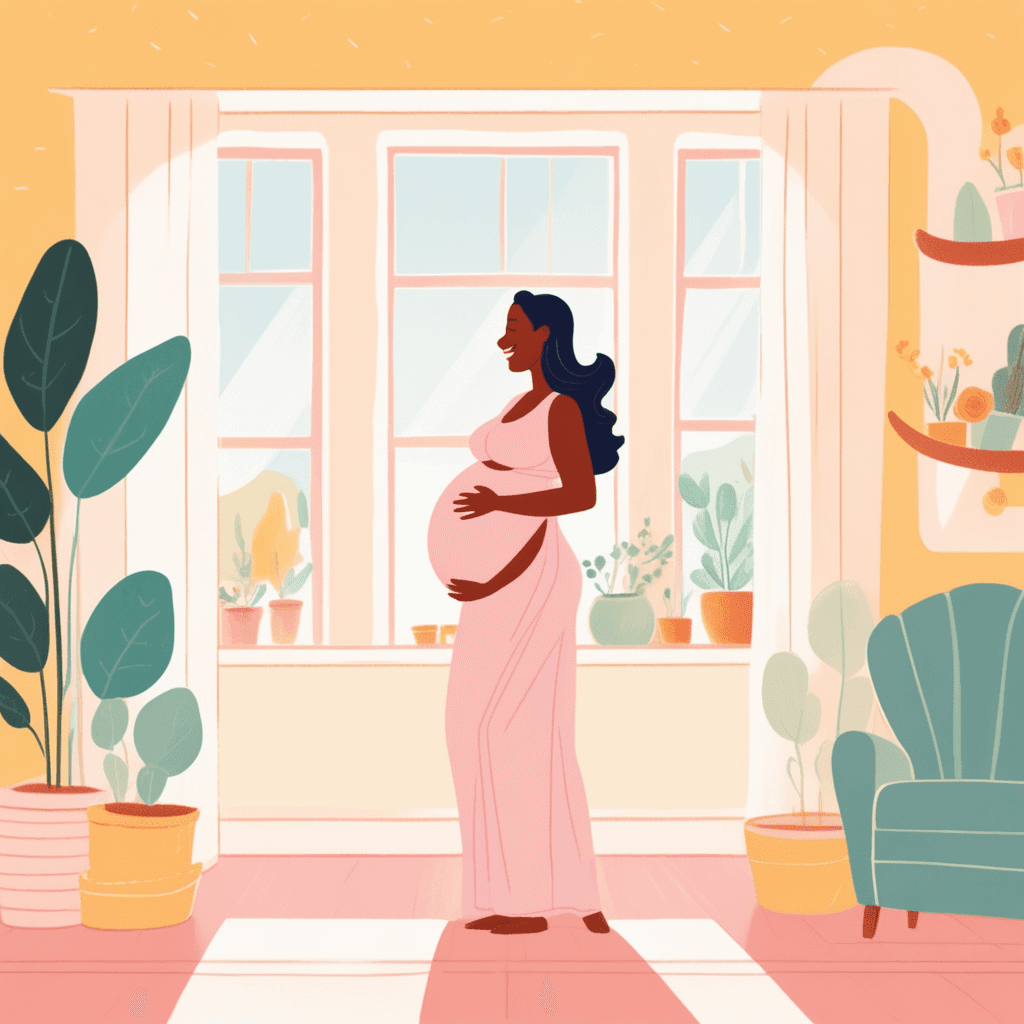 A pregnant woman cradles her belly joyfully in a bright nursery room