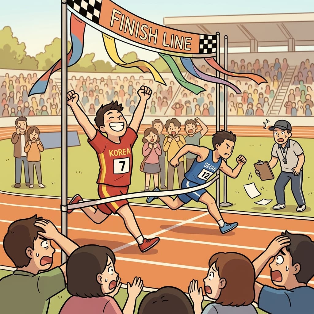 The runner celebrated prematurely and got overtaken right at the finish line.