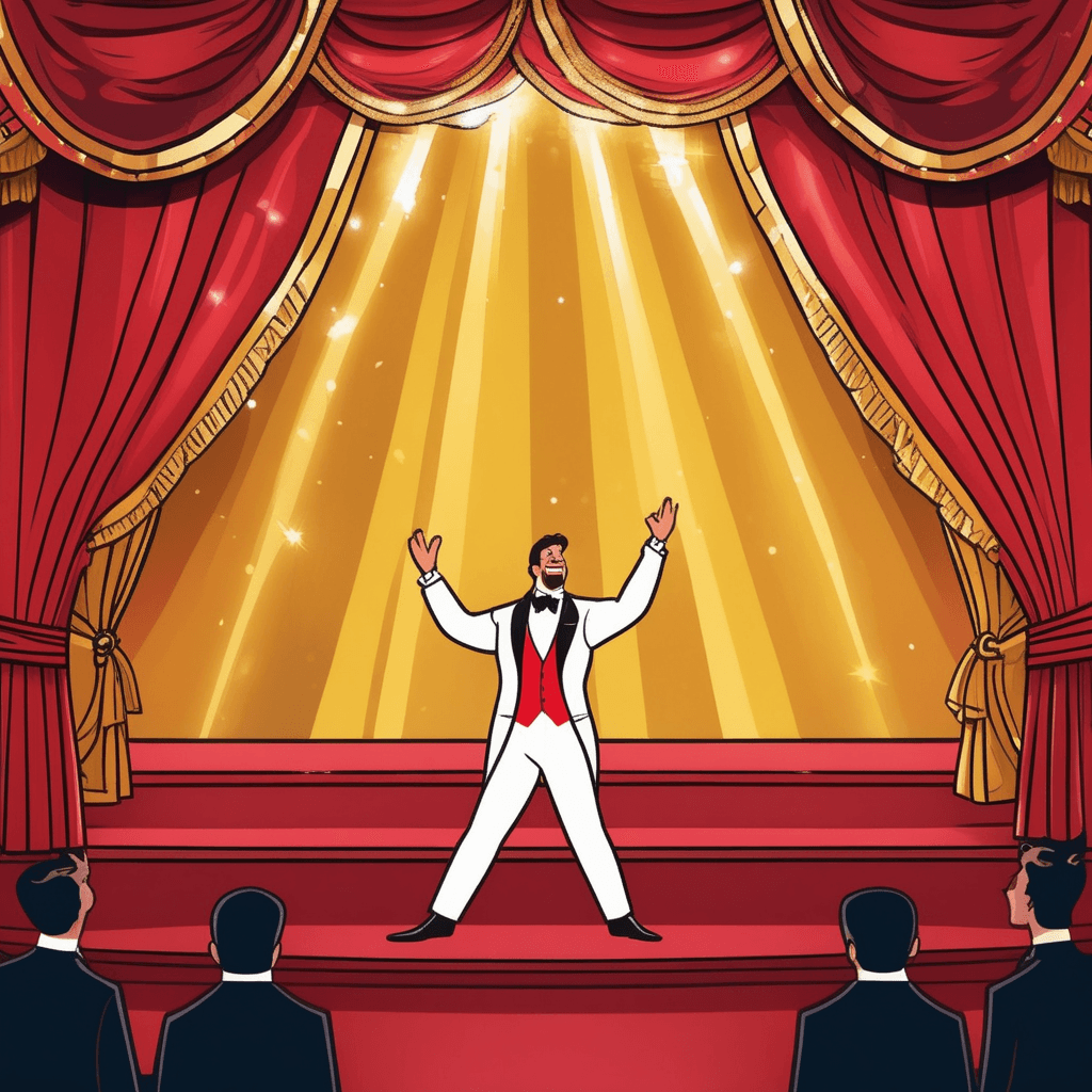 A premiere theatrical performance unfolds with actors and audience celebrating opening night