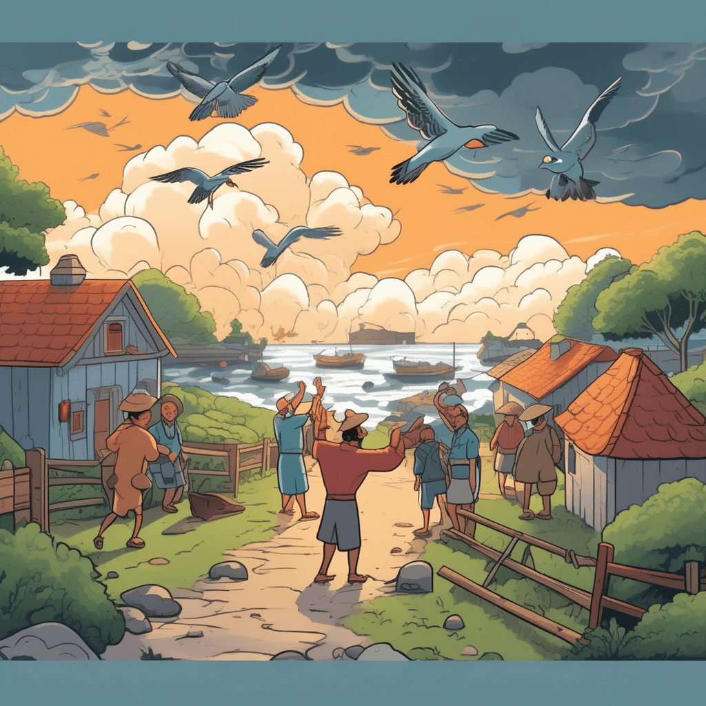 a weather observer points urgently at the rapidly darkening sky while holding weather instruments. Birds fly frantically away from the approaching storm in chaotic formations. The observer's worried expression shows recognition of the dangerous signs. Villagers below look up with growing concern as they notice the unusual wind patterns. Small boats in the harbor rock more violently as waves begin to increase. The observer continues gesturing toward the storm while villagers start moving toward shelter. warning signs indicating that something dangerous is about to happen