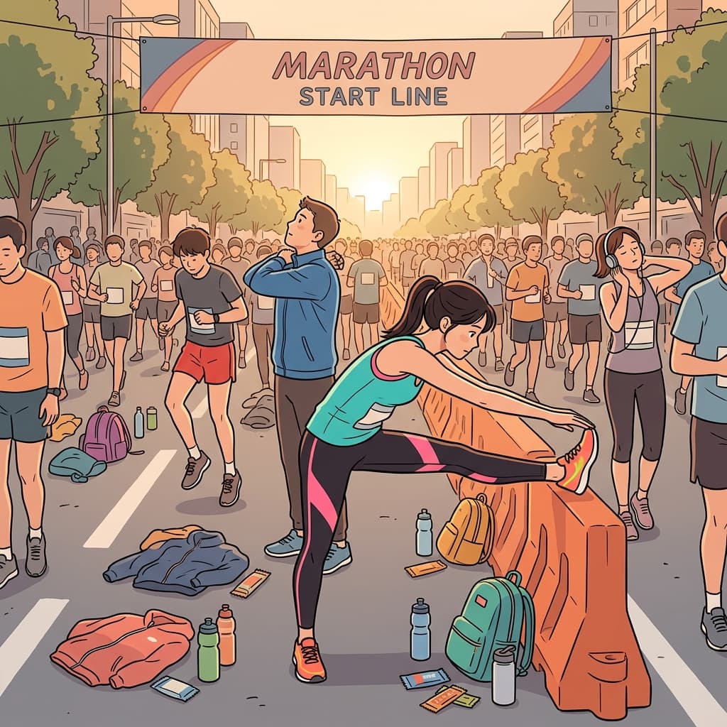She does preparatory stretches before the big marathon starts.
