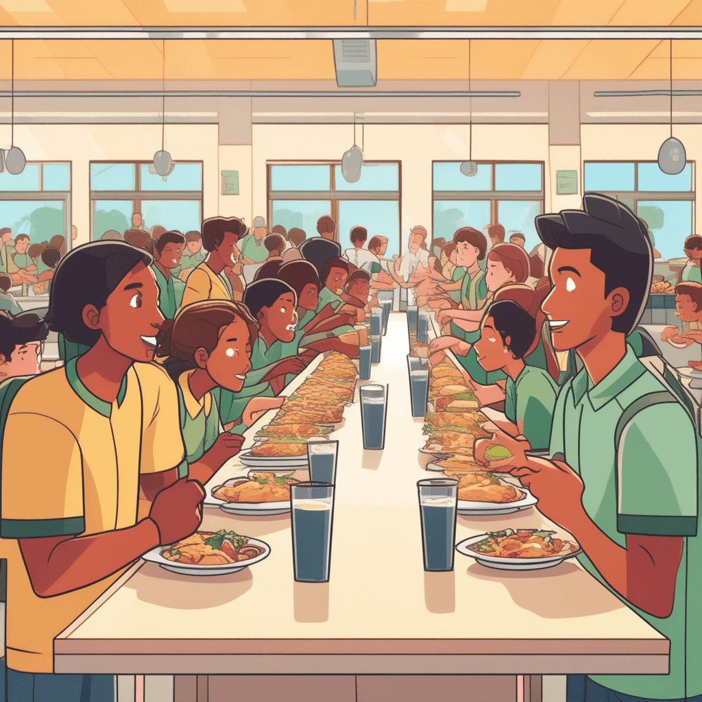a lunch server holds up two different meal options to a long line of hungry students. Nearly all the students eagerly point toward the pizza slice while only one or two students show interest in the salad option. The pizza tray is almost empty from high demand while the salad tray remains completely full. Students behind the counter cheer and gesture excitedly toward the popular pizza choice. Other cafeteria workers notice the clear preference and start preparing more pizza. one food option being preponderant over the other in popularity and demand
