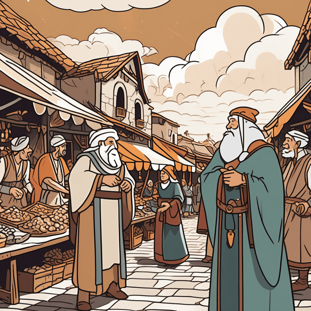 an elderly fortune teller with flowing robes points dramatically toward storm clouds gathering on the distant horizon while speaking urgently to a merchant. The merchant looks shocked as he quickly begins covering his grain sacks and produce with protective tarps. Dark storm clouds are just beginning to form in the far distance while the current weather remains sunny and calm. Other merchants nearby notice the fortune teller's warning and start preparing their stalls for rain. Shoppers begin moving toward covered areas even though no rain has started falling yet. knowledge of things before they happen through supernatural foresight
